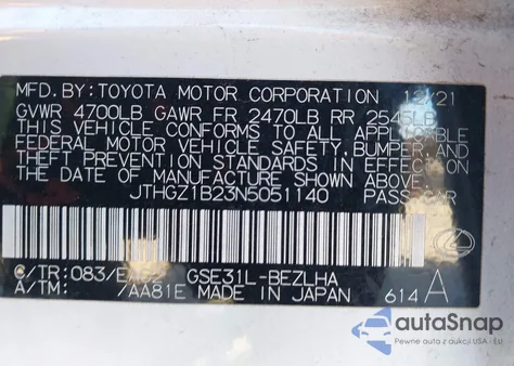 2022 Lexus Is 350 F Sport z USA, uszkodzony, nr VIN JTHGZ1B23N5051140